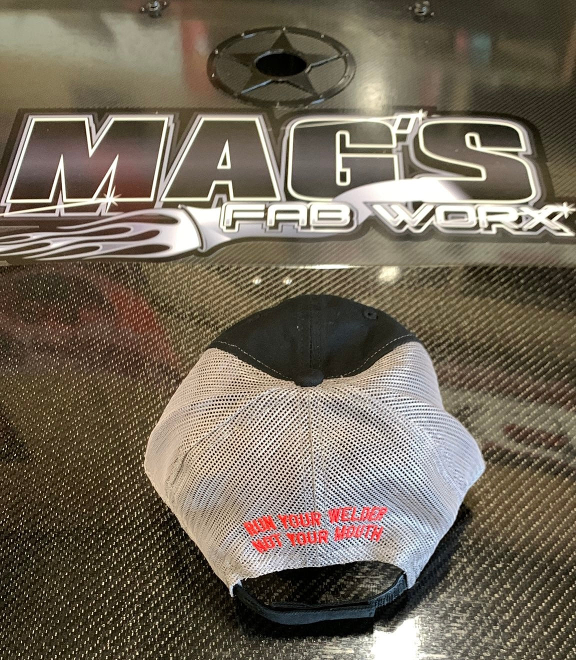 Outdoor Hat Black with Gray Mesh and Red Stitching "Run Your Welder Not Your Mouth"