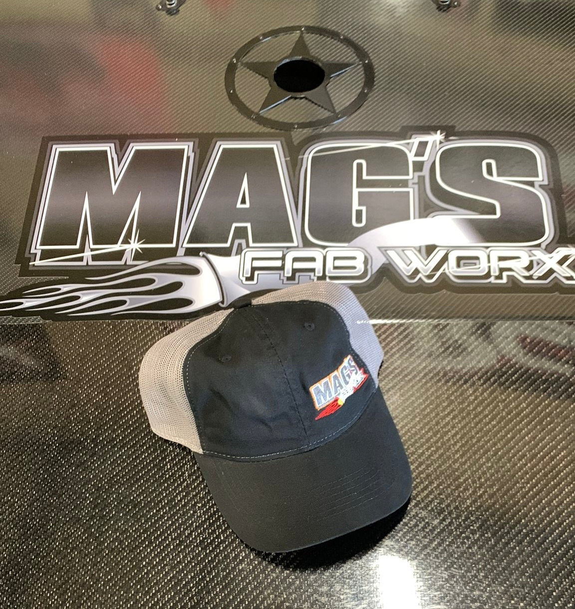 Outdoor Hat Black with Gray Mesh and Red Stitching "Run Your Welder Not Your Mouth"