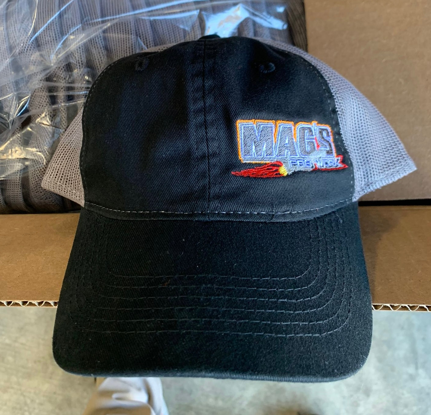 Outdoor Hat Black with Gray Mesh and Red Stitching "Run Your Welder Not Your Mouth"