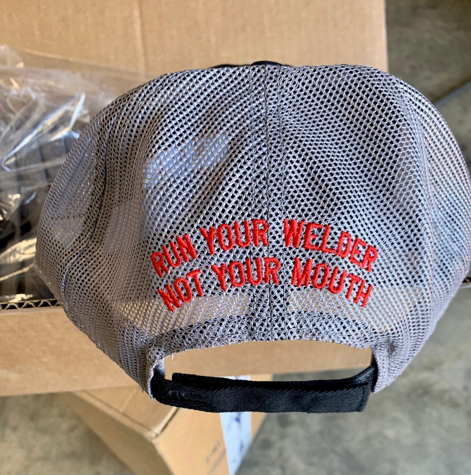 Outdoor Hat Black with Gray Mesh and Red Stitching "Run Your Welder Not Your Mouth"