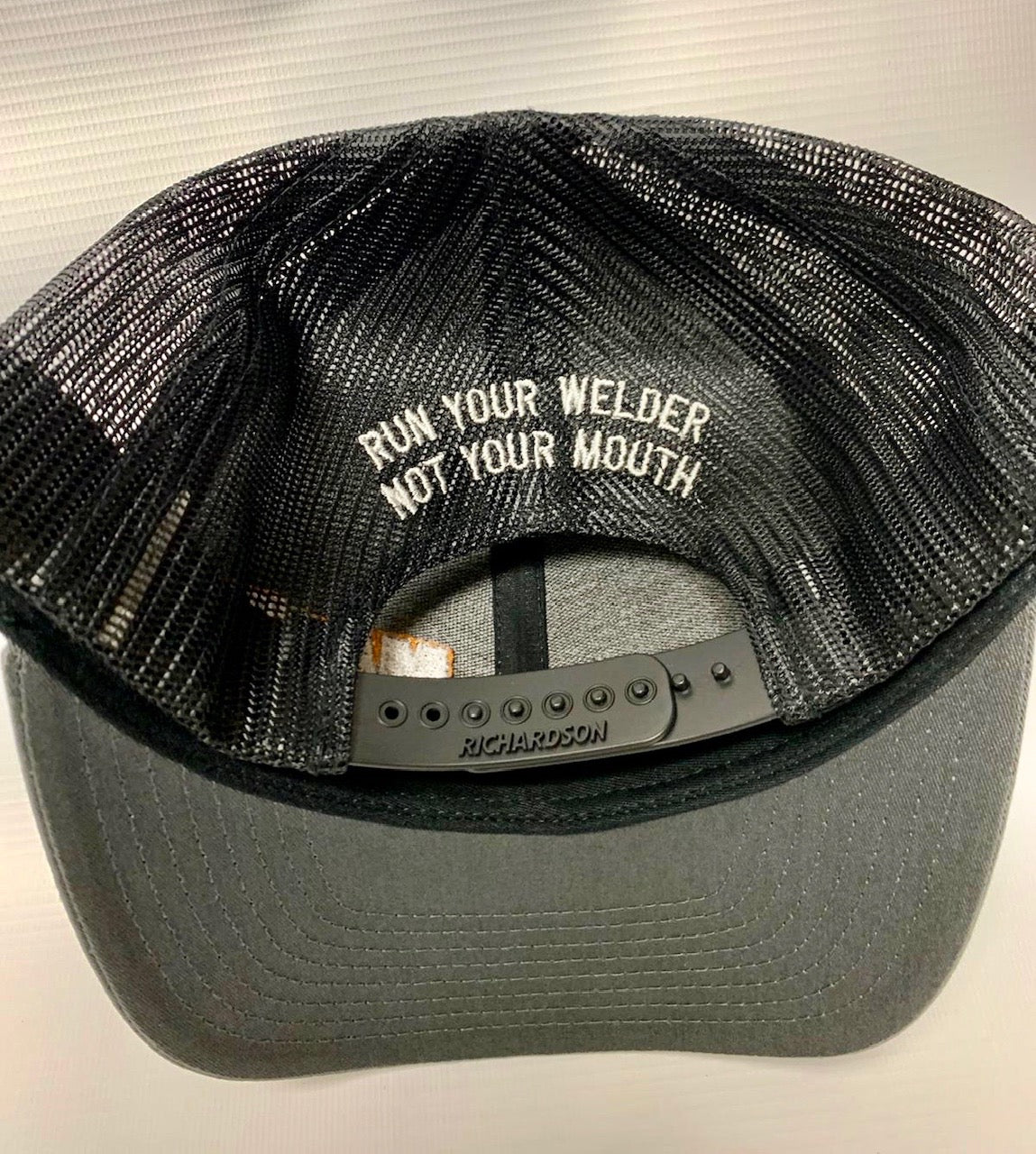 Outdoor Hat Black with Gray Mesh and Red Stitching "Run Your Welder Not Your Mouth"